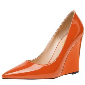 FOWT Women Pointed Toe Slip on Pumps Stable Wedge High Heels Orange Red Shoes